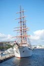 The sailing ship `Sea Cloud II` moored at the English pier close up in the sunny July afternoon. Saint-Petersburg Royalty Free Stock Photo