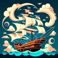 Sailing ship on the sea with clouds and sun. Vector illustration Generative AI Royalty Free Stock Photo