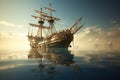 Sailing Ship In The Sea. 3D Render. Vintage Style, Sunken Tall Ship, AI Generated
