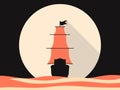 Sailing ship in the sea, flat style. Medieval sailing frigate. Retro graphics. Vector Royalty Free Stock Photo