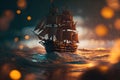 Sailing ship in the sea at night. Pirate ship on the sea at night. Fantasy concept. 3D illustration. Generative AI technology