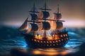 Sailing ship in the sea at night. Pirate ship on the sea at night. Fantasy concept. 3D illustration. Generative AI technology