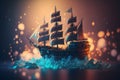 Sailing ship in the sea at night. Pirate ship on the sea at night. Fantasy concept. 3D illustration. Generative AI technology