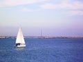 Sailing ship in the sea off the coast of Cadiz capital, Andalusia. Spain.