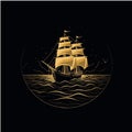 Sailing ship in the sea. Vector illustration on a dark background. Golden silhouette of ship.