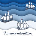 Sailing ship in sea waves illustration, paper cut effect background. Summer adventure banner Royalty Free Stock Photo