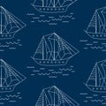 Sailing ship seamless outline vector pattern in doodle style.