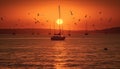 Sailing ship silhouette back lit by orange sunset over water generated by AI Royalty Free Stock Photo