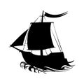 Sailing ship silhouette pirate boat and sea on a white background vector