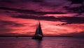 Sailing ship silhouette, tranquil sunset, yacht on multi colored horizon generated by AI