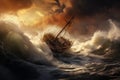 Sailing ship in stormy sea, 3d render illustration, dramatic scene of a boat sailing on big waves, AI Generated Royalty Free Stock Photo