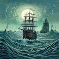 Sailing ship in stormy sea at night with full moon. Generative AI Royalty Free Stock Photo