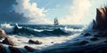 Sailing ship in a stormy sea, Watercolor, Ai generative