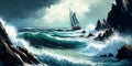 Sailing ship in a stormy sea, Watercolor, Ai generative