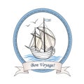 Sailing ship. Summer holiday Bon Voyage card. Sail boat transpor