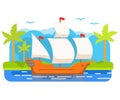 Sailing ship. Summer sea landscape. The tropical island with palm trees.