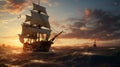 sailing ship sunset. Royalty Free Stock Photo