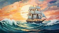 Sailing Ship In Sunset Storm: Richly Detailed Illustration