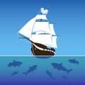 Sailing ship surrounded by sharks in the sea