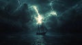 Sailing-ship in time of storm from lightning Royalty Free Stock Photo