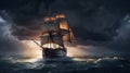 The sailing-ship in time of storm from lightnings Royalty Free Stock Photo