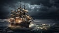 The sailing-ship in time of storm from lightnings Royalty Free Stock Photo