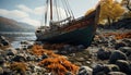 Sailing ship on tranquil water, wood deck, rope, fishing boat generated by AI Royalty Free Stock Photo