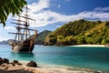 Sailing ship on a tropical beach, Palawan island, Philippines, Wooden tall ship sailing in a Caribbean island bay, AI Generated Royalty Free Stock Photo