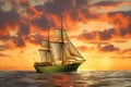 Sailing ship under sail at sunset on the high seas