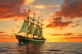 Sailing ship under sail at sunset on the high seas