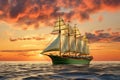 Sailing ship under sail at sunset on the high seas