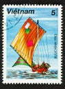 Sailing Ship on Vietnam Stamp with Colorful Sails Royalty Free Stock Photo