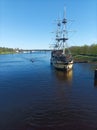 Sailing ship on the Volkhov river in the city of Veliky Novgorod