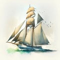 Sailing ship on watercolor background. Vintage sailboat illustration.