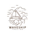 Sailing ship and waves illustration monoline or line art style