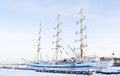 Sailing ship in winter, St. Petersburg Royalty Free Stock Photo