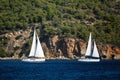 Sailing ship yachts with white sails in the Aegean sea Royalty Free Stock Photo