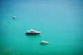 Aerial view of sea and yacht. Sailing ship in the middle of ocean, top view, summer background. Amazing view to Yacht Royalty Free Stock Photo