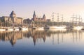 Sailing ships by Chrobry Embankment in Szczecin at sunrise. Royalty Free Stock Photo