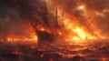 Sailing Ships Engulfed in Flames during Ocean Battle