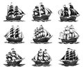 Sailing ships silhouettes. Old sail boats black on white, vintage pirates frigate schooner brigantine retro sailboats