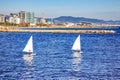 Sailing sport on the Mediterranean seashore in Barcelona