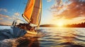 Sailing into the Sunset - Yacht Adventure on the Horizon. Sailboat. Travel Concept. Generative AISailing into the Sunset - Yacht