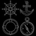 Sailing symbols - steering wheel, anchor, lifebuoy, compass. Hand drawn sketch