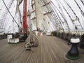 Sailing on tallship or sailboat, view from deck Royalty Free Stock Photo