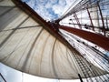 Sailing on tallship or sailboat, view of sails