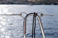 Sailing travel at Aegean sea, Greece. Boat railing detail Royalty Free Stock Photo