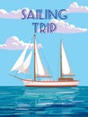 Sailing Trip poster retro, sailing ship on the ocean, sea. Tropical cruise, sailboat, summertime travel vacation. Vector