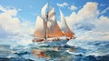 A sailing trip with a yacht and calm waters watercolor. Generative AI.