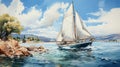 A sailing trip with a yacht and calm waters watercolor. Generative AI.